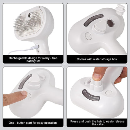 Pet Steam Brush - Three in One Dog Steam Grooming Brush, Hair Removal Deshedding, Magic Wand for Pet Hair, Hairdressing Spray Massage Cat Grooming Comb, White