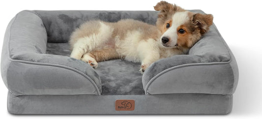 Medium Dog Sofa Bed - Washable Orthopedic Dog Beds and Couch with Removable Flannel Zipper Cover, Puppy Beds for Small Dogs, Grey Pet Bed, 71X58X16Cm