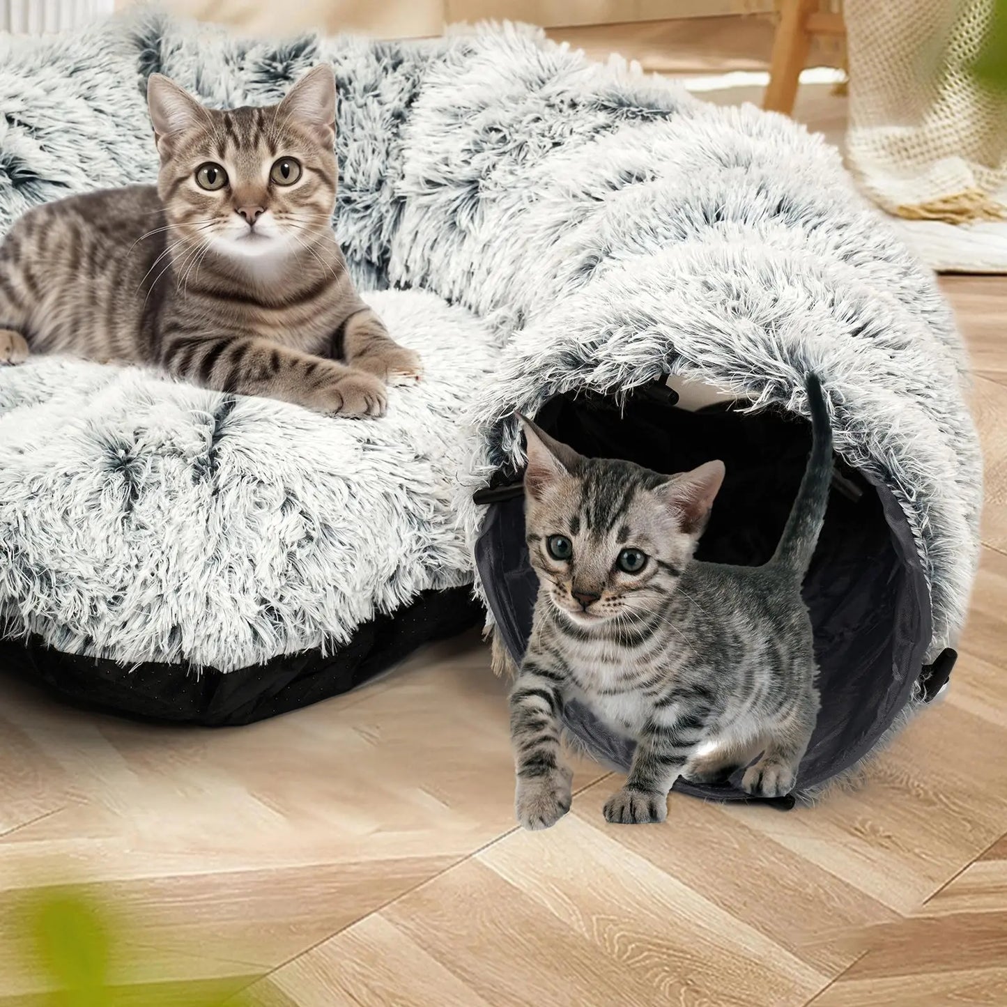 Winter Warm Pet Bed, 2-In-1 Foldable Cat Kittens Tunnel & Bed, Warm Plush Cat Bed with Hanging Ball & Tunnel Buckle, Pet Supplies for Indoor & Outdoor Use #GLOBAL PICKS