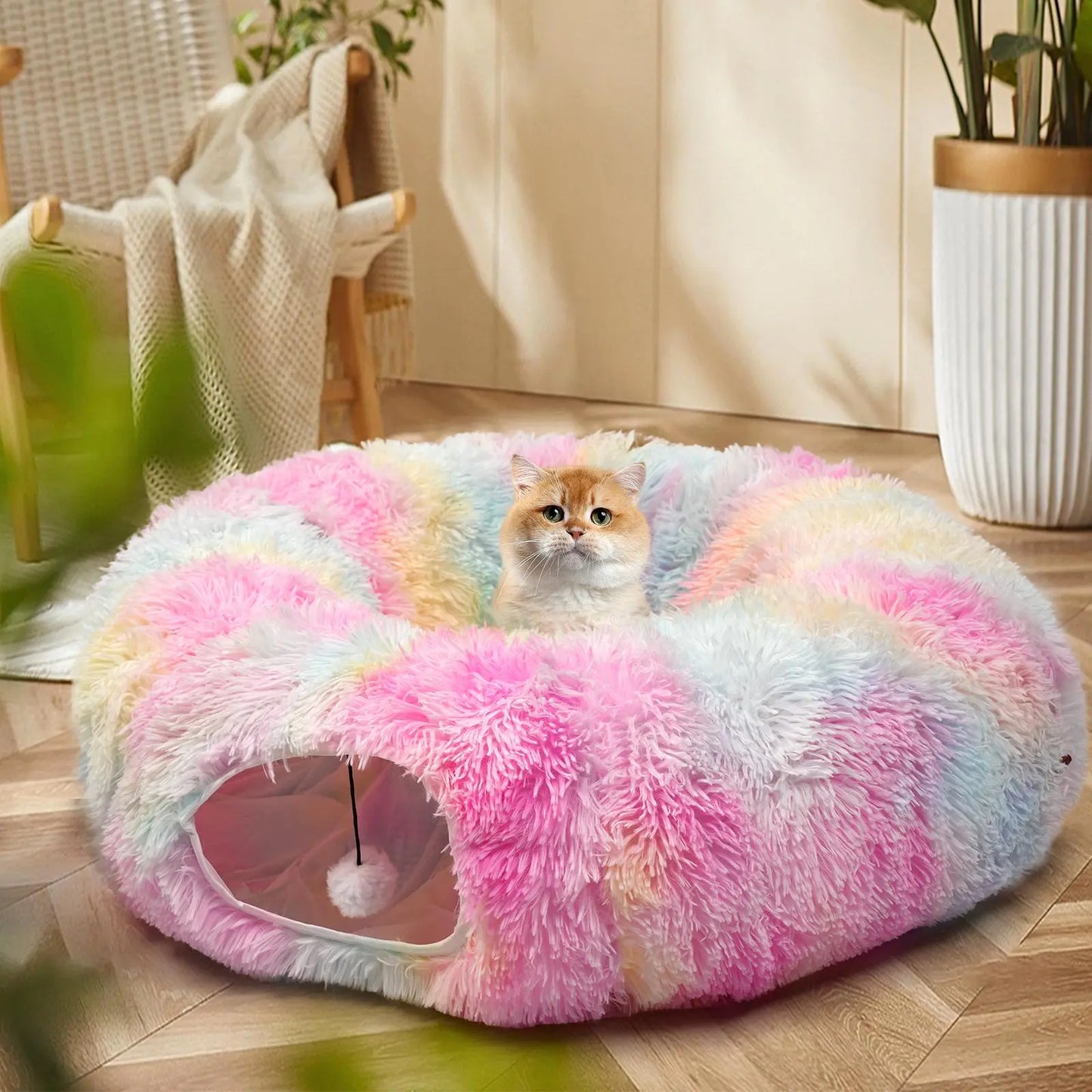 Winter Warm Pet Bed, 2-In-1 Foldable Cat Kittens Tunnel & Bed, Warm Plush Cat Bed with Hanging Ball & Tunnel Buckle, Pet Supplies for Indoor & Outdoor Use #GLOBAL PICKS
