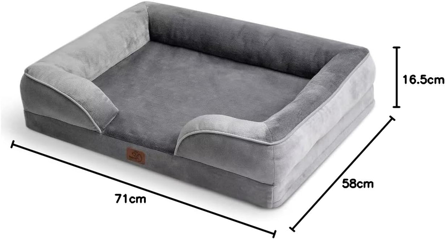 Medium Dog Sofa Bed - Washable Orthopedic Dog Beds and Couch with Removable Flannel Zipper Cover, Puppy Beds for Small Dogs, Grey Pet Bed, 71X58X16Cm